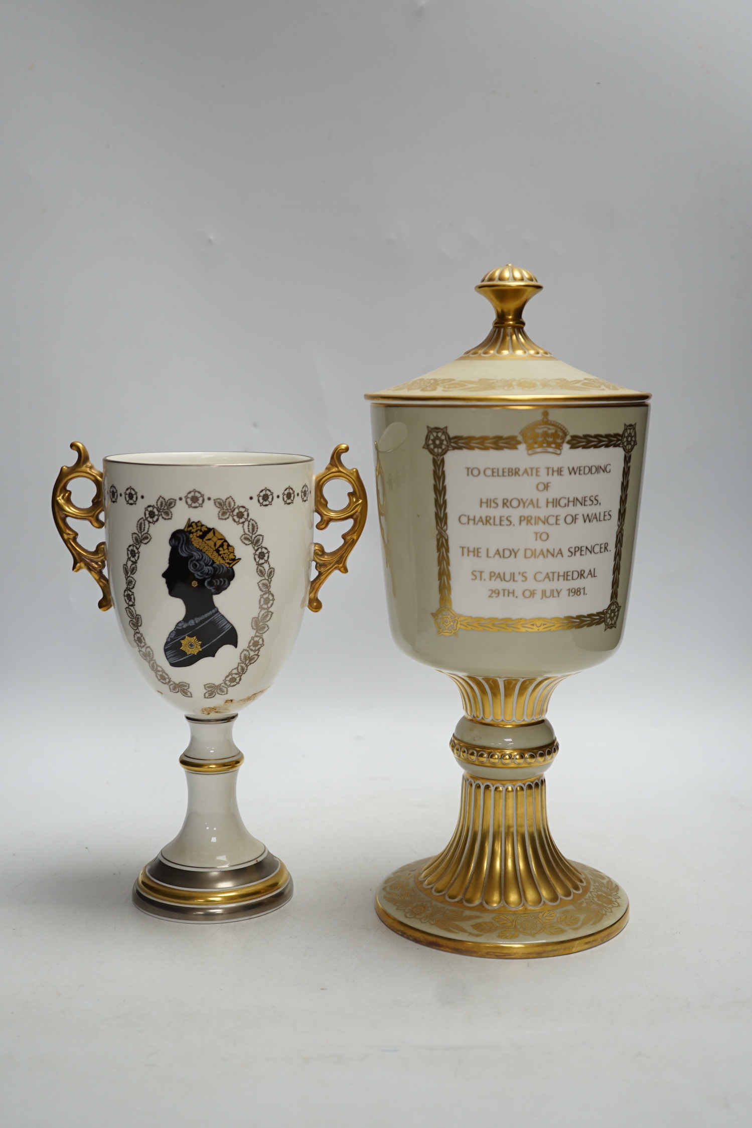 A boxed Spode Charles and Diana commemorative lidded chalice and a chalice for the 1977 Silver Jubilee, tallest 32cm